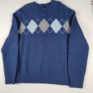 Banana‎ Republic Sweater Mens Large Blue Argyle 100% Lambswool V-Neck Knit 0739